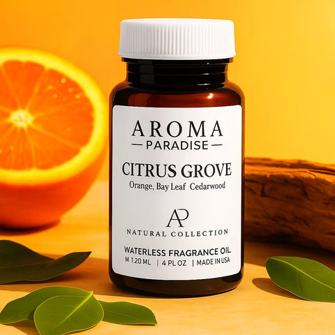 Bottle of Aroma Paradise Citrus Grove fragrance oil with an orange and leaves on a yellow background