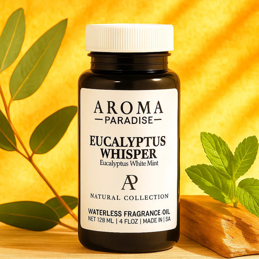 Aroma Paradise Eucalyptus Whisper fragrance oil bottle with leaves on a yellow background