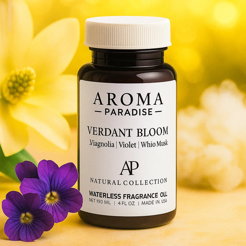 Aroma Paradise Verdant Bloom fragrance oil bottle with flowers on a yellow background