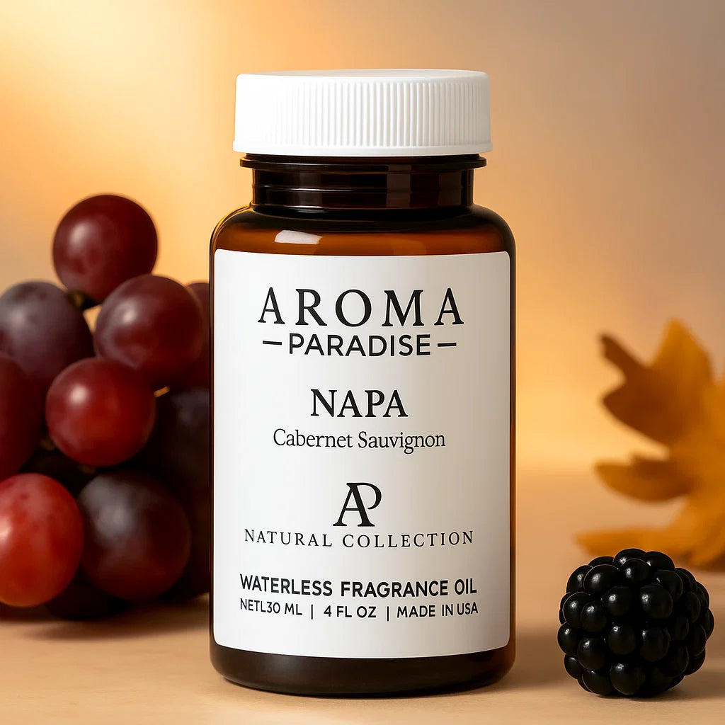 Bottle of Aroma Paradise Napa Cabernet Sauvignon fragrance oil with grapes and a blackberry on a warm background