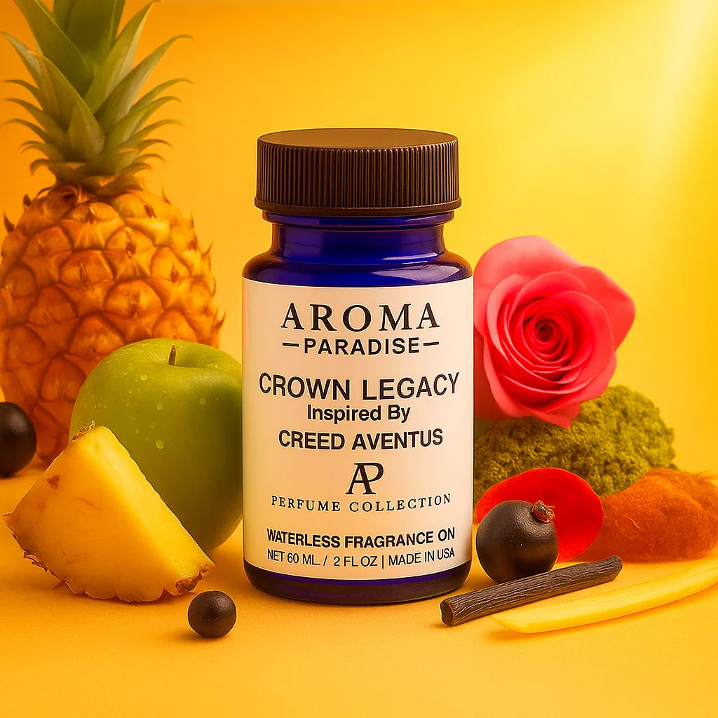 Perfume bottle labeled 'Aroma Paradise Crown Legacy' surrounded by fruits and flowers on a yellow background