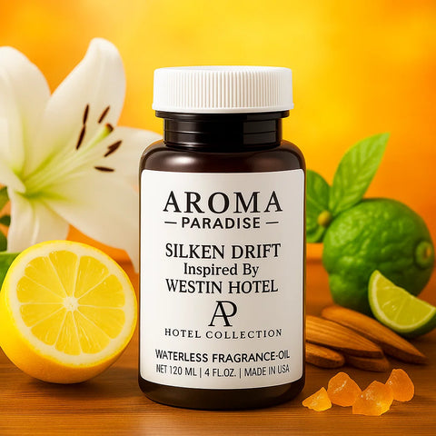 Bottle of Aroma Paradise Silken Drift fragrance oil with lemons, lilies, and green leaves on a wooden surface.