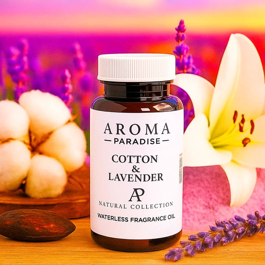 Bottle of Aroma Paradise Cotton & Lavender fragrance oil with floral and cotton background