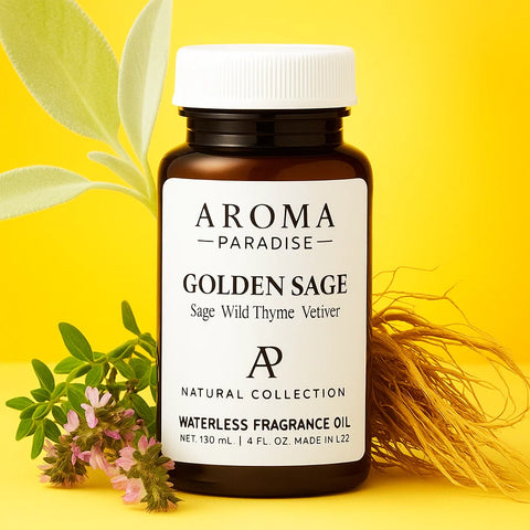 Bottle of Aroma Paradise Golden Sage fragrance oil with leaves and flowers on a yellow background