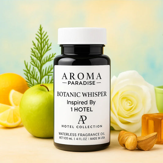 Aroma Paradise Botanic Whisper bottle with natural elements like flowers and fruits on a colorful background