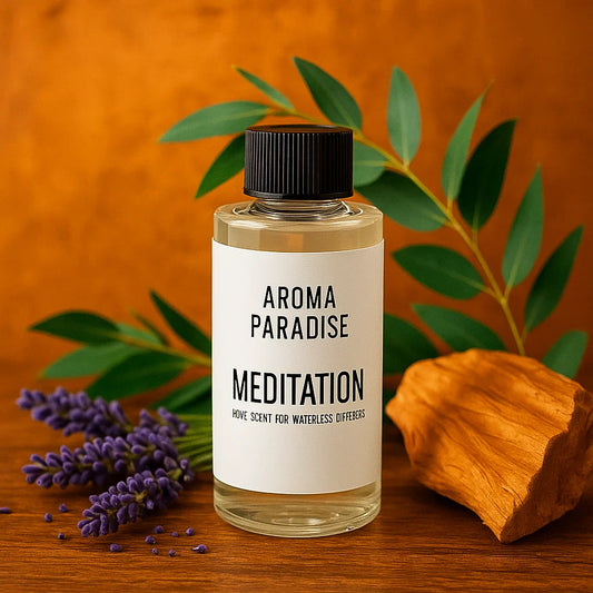Bottle of 'Aroma Paradise Meditation' with lavender and wood on a wooden surface
