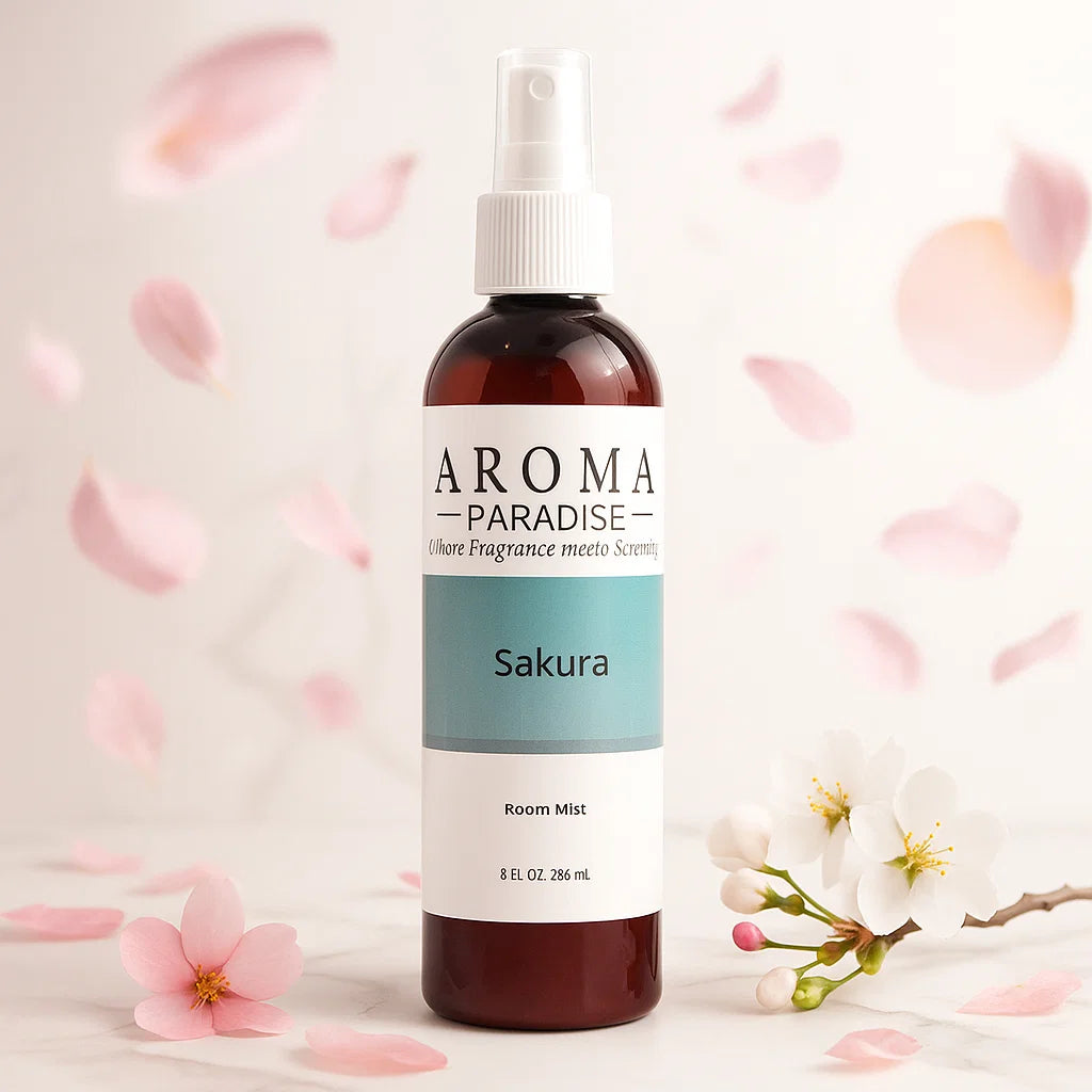 Aroma Paradise Sakura room mist bottle with cherry blossoms in the background