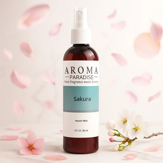 Aroma Paradise Sakura room mist bottle with cherry blossoms in the background