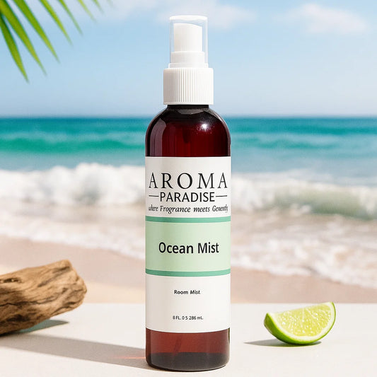 Bottle of Aroma Paradise Ocean Mist room mist with a beach background