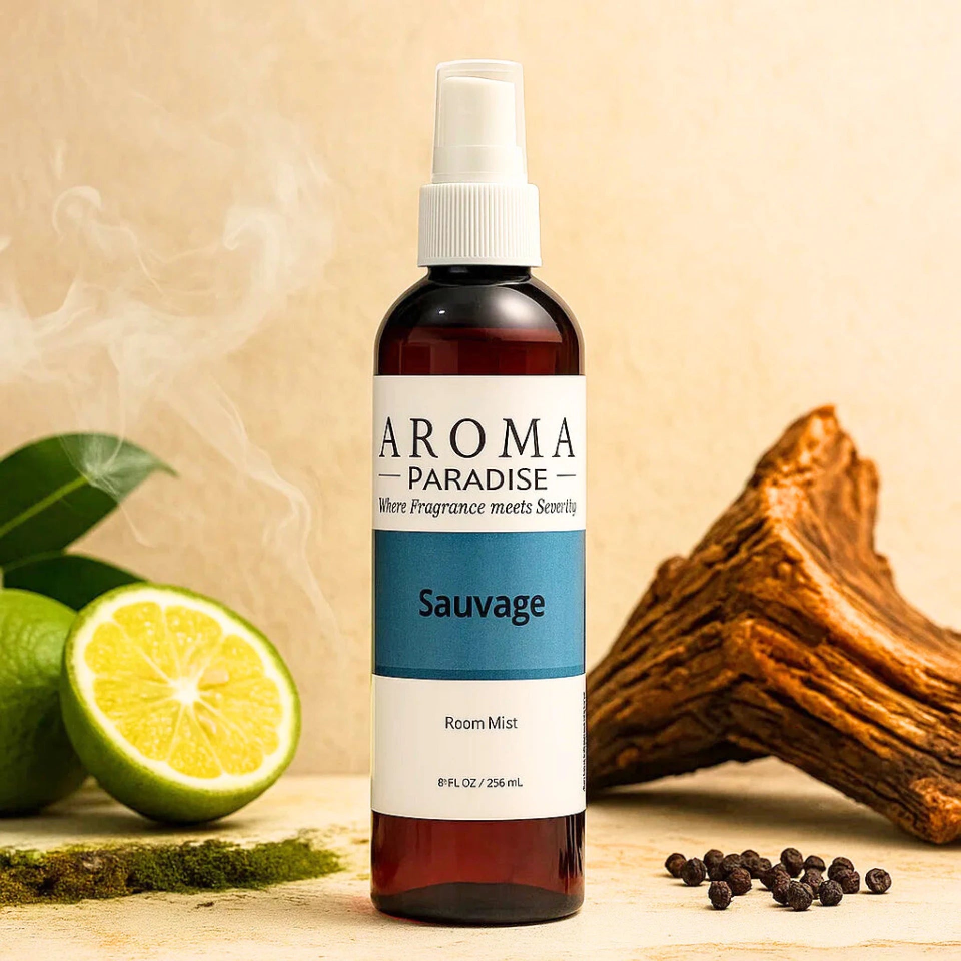 Aroma Paradise Sauvage room mist bottle with limes, leaves, and wood on a beige background