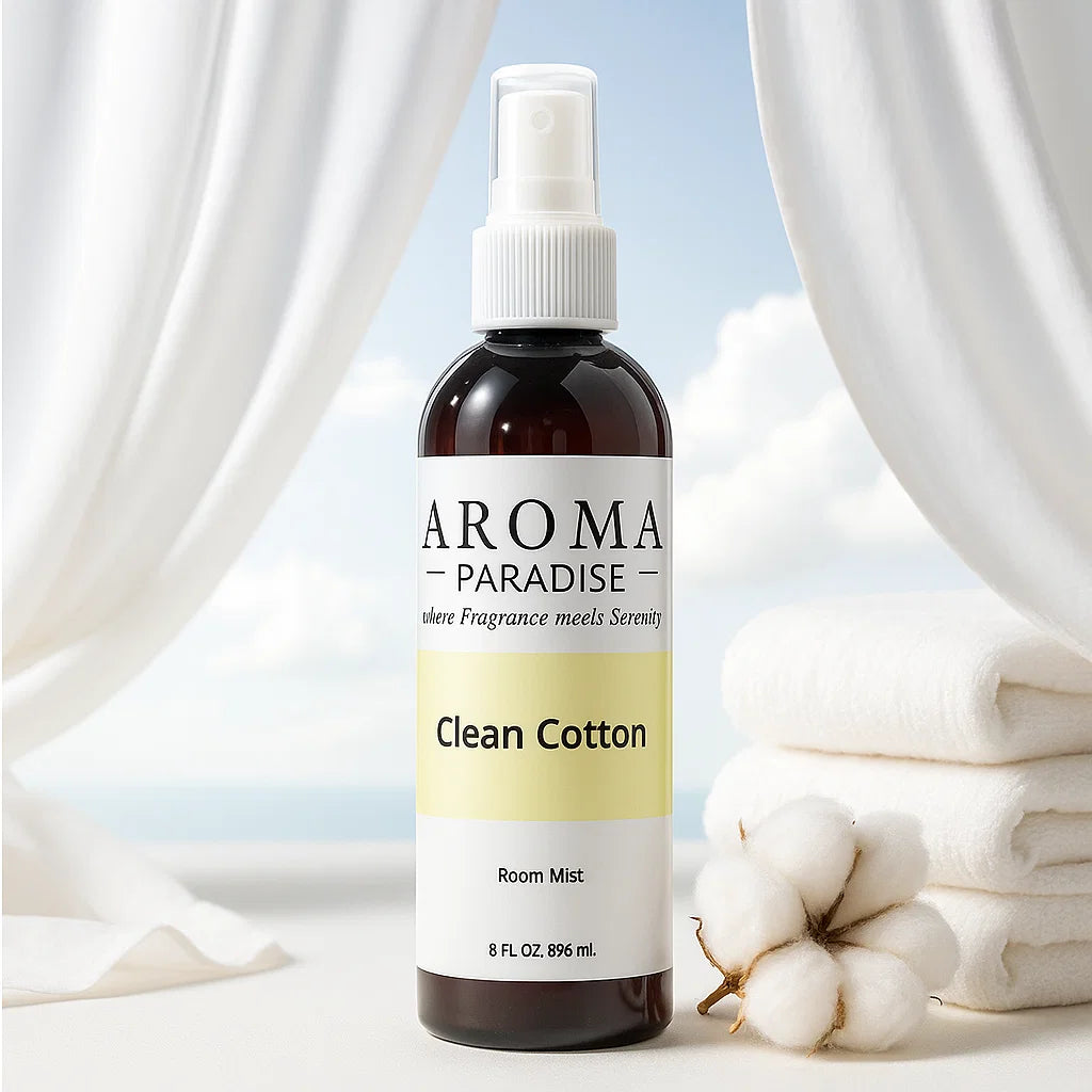 Aroma Paradise Clean Cotton room mist bottle with cotton flowers in the background