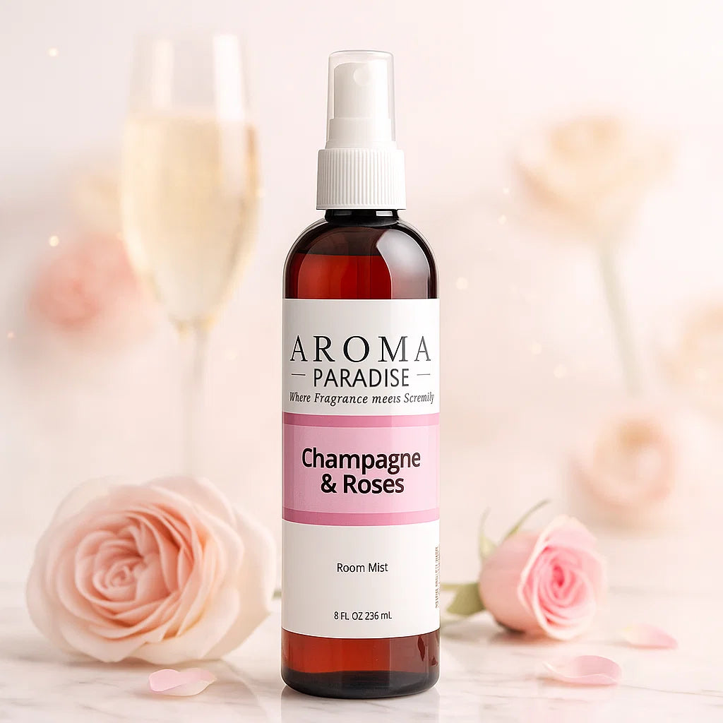 Aroma Paradise Champagne & Roses room mist bottle with pink roses in the background