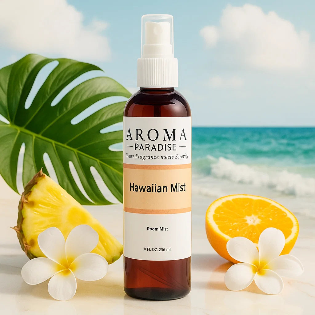 Aroma Paradise Hawaiian Mist room mist bottle with tropical elements on a beach background