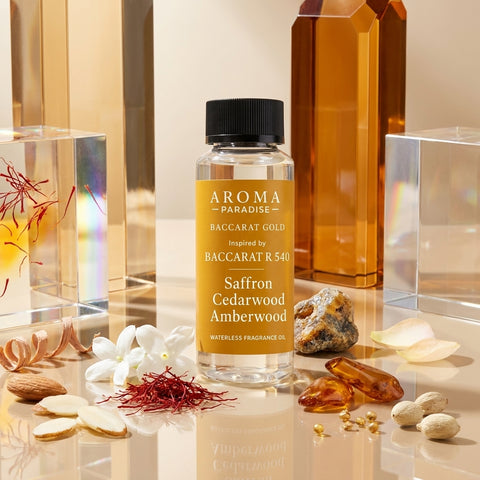 Aroma Paradise Baccarat Gold perfume-inspired waterless fragrance oil in a luxury perfume editorial set