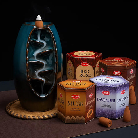 Backflow Burner Gift Pack #2 – With Hem Musk, Red Rose, Lavender & Sandalwood Cones - Aroma Paradise