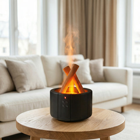 Black round Bonfire Flame Diffuser with crossed logs and orange campfire flame effect on wood table - Aroma Paradise