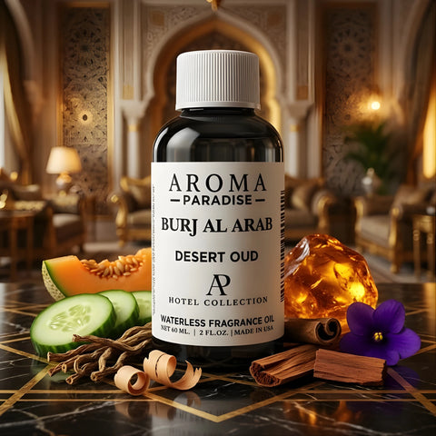 Burj Al Arab Desert Oud fragrance oil bottle in luxurious Arabian lobby with cucumber and amber - Aroma Paradise