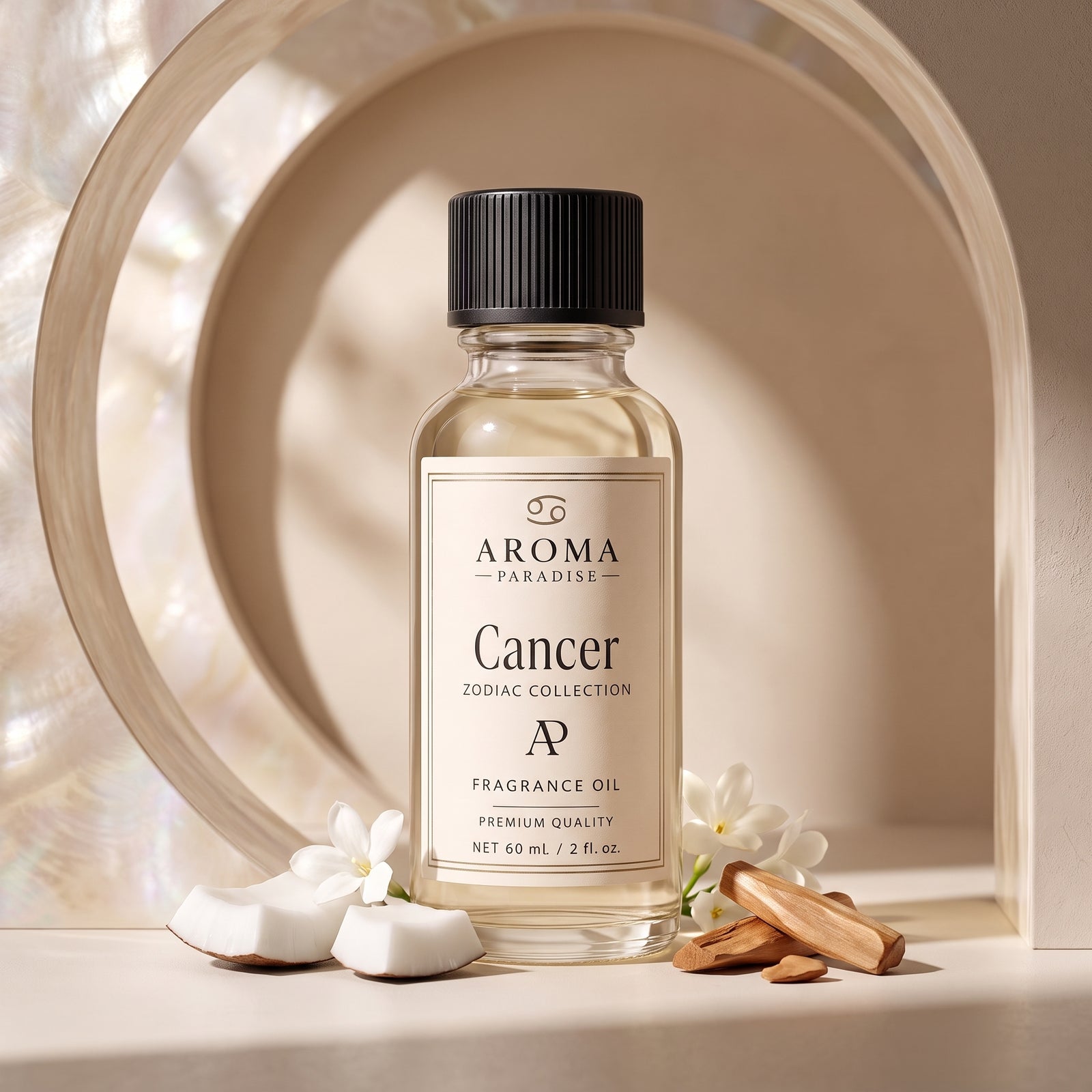 Cancer Zodiac fragrance oil in an editorial scent setting - Aroma Paradise