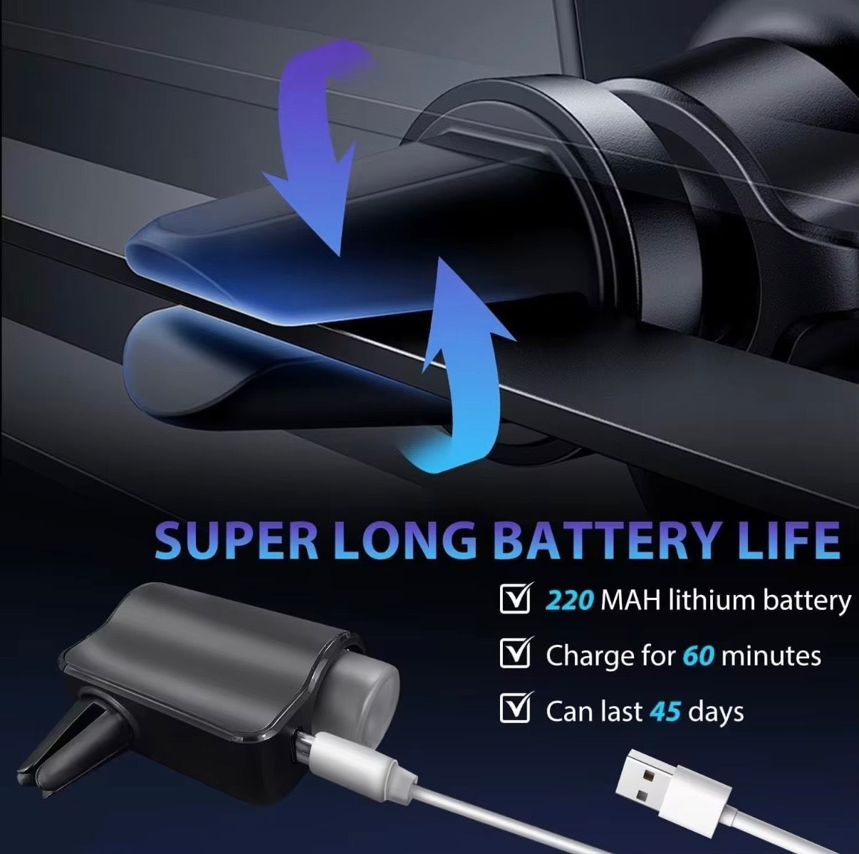 Smart Car Diffuser battery life infographic showing USB charging, 220mAh battery, 45-day life - Aroma Paradise