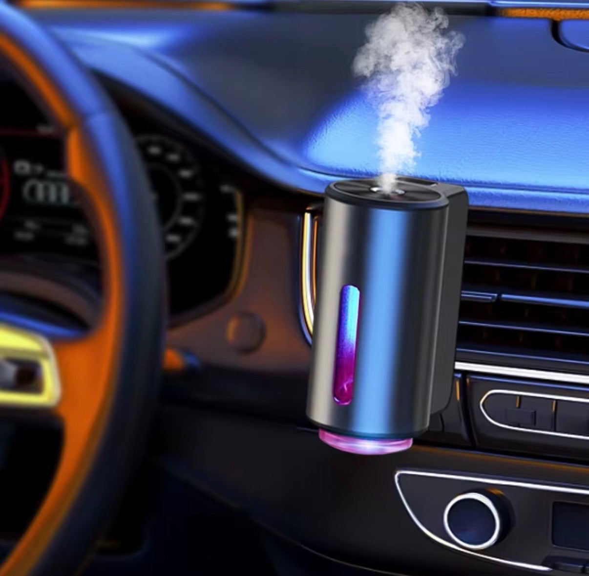 Silver Smart Car Diffuser mounted on car air vent releasing mist with LED indicator light - Aroma Paradise