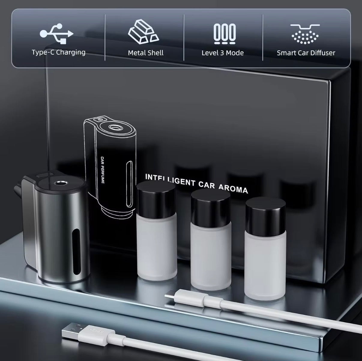 Smart Car Diffuser package contents with diffuser, 3 fragrance oil bottles and USB-C cable in box - Aroma Paradise