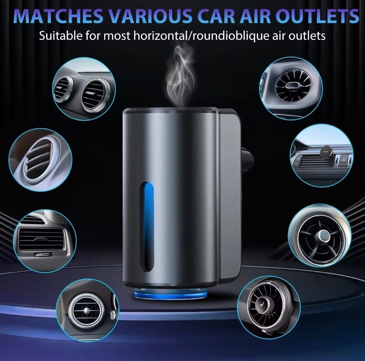 Smart Car Diffuser vent compatibility chart showing fit with various car air outlet types - Aroma Paradise