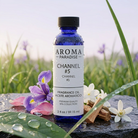 Chanel No. 5 perfume inspired fragrance oil bottle in iris meadow after rain - Aroma Paradise