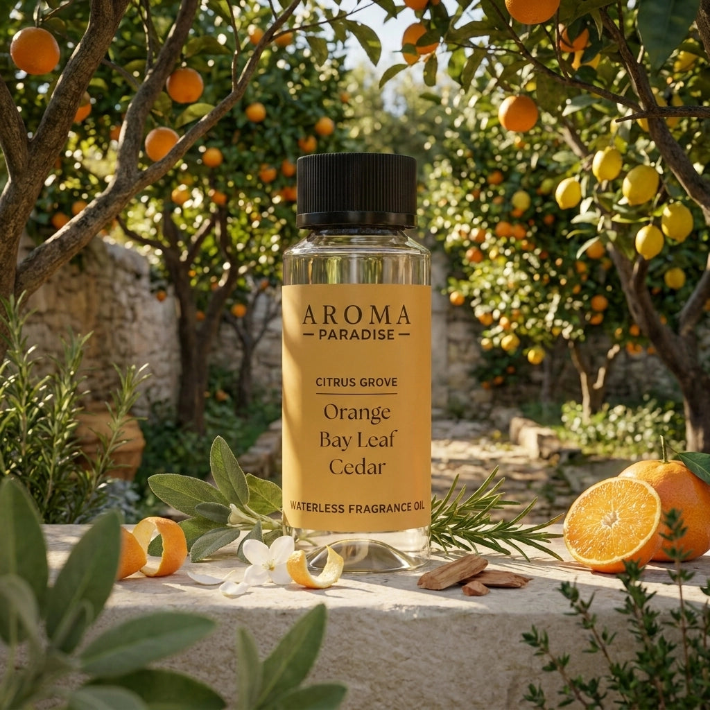 Aroma Paradise Citrus Grove waterless fragrance oil in an immersive citrus garden setting