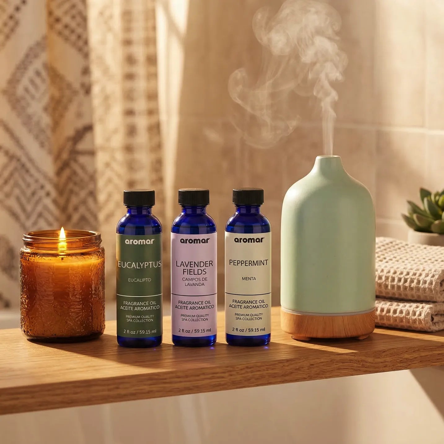 Relaxing aromatherapy oil set with diffuser and candle on bamboo shelf in spa bathroom setting, Aroma Paradise