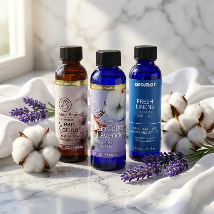 Three bottles of Clean Cotton and Fresh Linens fragrance oils with cotton bolls and lavender on marble, Aroma Paradise