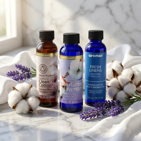 Three bottles of Clean Cotton and Fresh Linens fragrance oils with cotton bolls and lavender on marble, Aroma Paradise