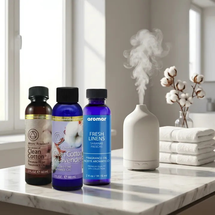 Fresh and Clean oil set with white diffuser misting and folded towels on marble bathroom counter, Aroma Paradise