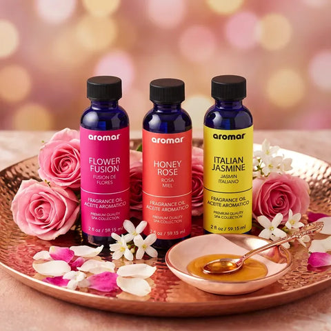 Floral oil set of Flower Fusion Honey Rose and Italian Jasmine on copper tray with roses and honey, Aroma Paradise
