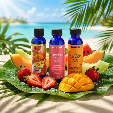 Fruity oil set of Hawaiian Mist Strawberry Melon and Tropical Mango on beach with fresh fruits, Aroma Paradise