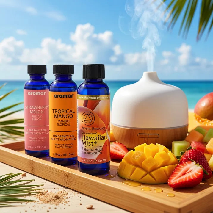 Fruity oil set with white diffuser misting on wood tray with tropical beach backdrop and sliced fruits, Aroma Paradise