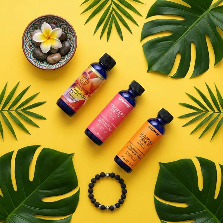 Fruity oil set flat lay on yellow background with monstera leaves plumeria and lava bead bracelet, Aroma Paradise