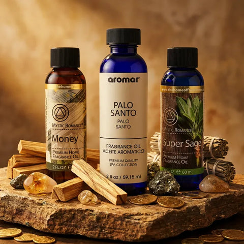 Good Luck Fragrance Oil Set with palo santo sticks, crystals, and coins on natural stone - Aroma Paradise