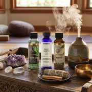Good Luck Fragrance Oil Set on rustic table with diffuser, amethyst, sage, and singing bowl - Aroma Paradise