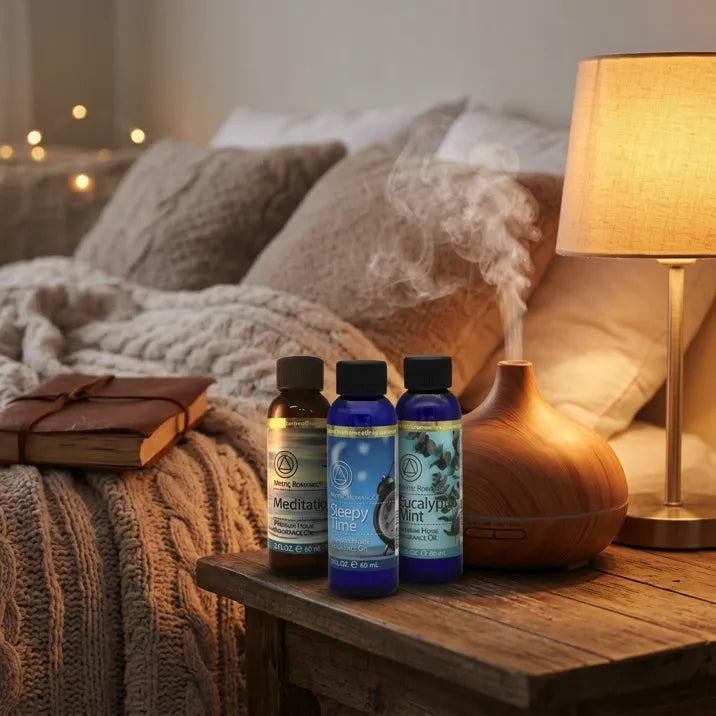 Sleepy Time Fragrance Oil Set on bedside table with diffuser, warm lamp, and cozy knit blanket - Aroma Paradise