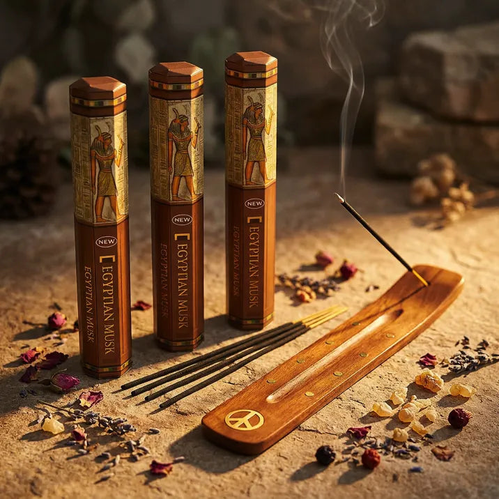 Hem Egyptian Musk incense tubes with smoking stick in wooden holder on sandstone with dried petals - Aroma Paradise