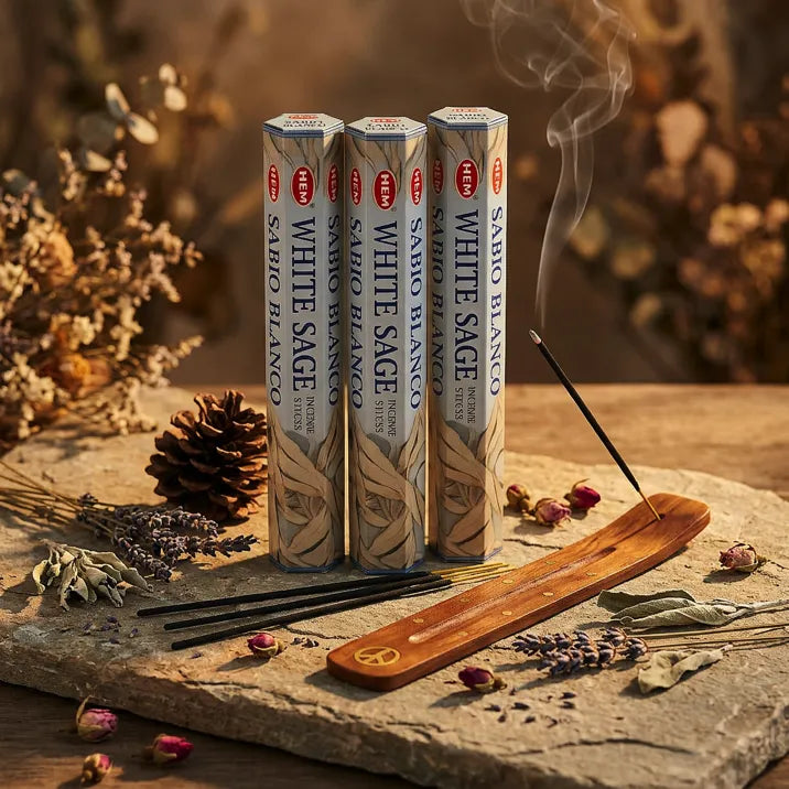 Hem White Sage incense tubes with smoking stick in wooden holder on stone with dried herbs - Aroma Paradise