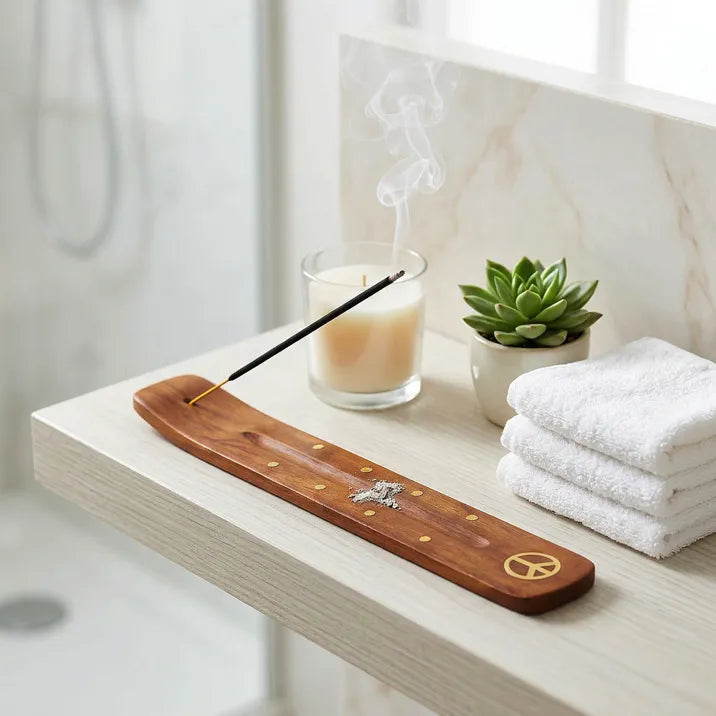 Wooden incense holder with smoking stick on bathroom shelf beside candle, succulent, and towels - Aroma Paradise