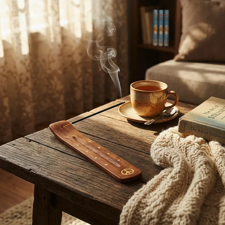 Wooden incense holder with smoking stick on rustic table beside tea cup, books, and knit blanket - Aroma Paradise
