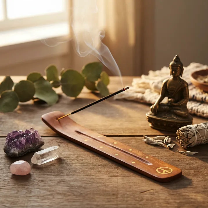 Smoking incense in wooden holder with Buddha statue, amethyst, crystals, and sage on sunlit table - Aroma Paradise
