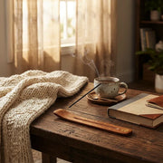 Burning incense in wooden holder on rustic table with knit blanket, tea cup, and books by window - Aroma Paradise