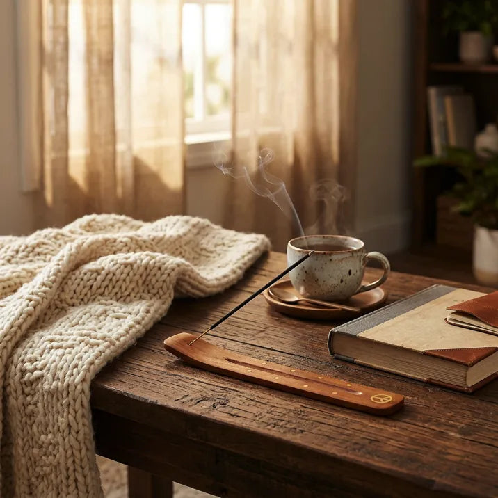 Burning incense in wooden holder on rustic table with knit blanket, tea cup, and books by window - Aroma Paradise