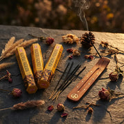 Three yellow Hem Palo Santo boxes with wooden holder and sticks on dark stone with dried flowers - Aroma Paradise