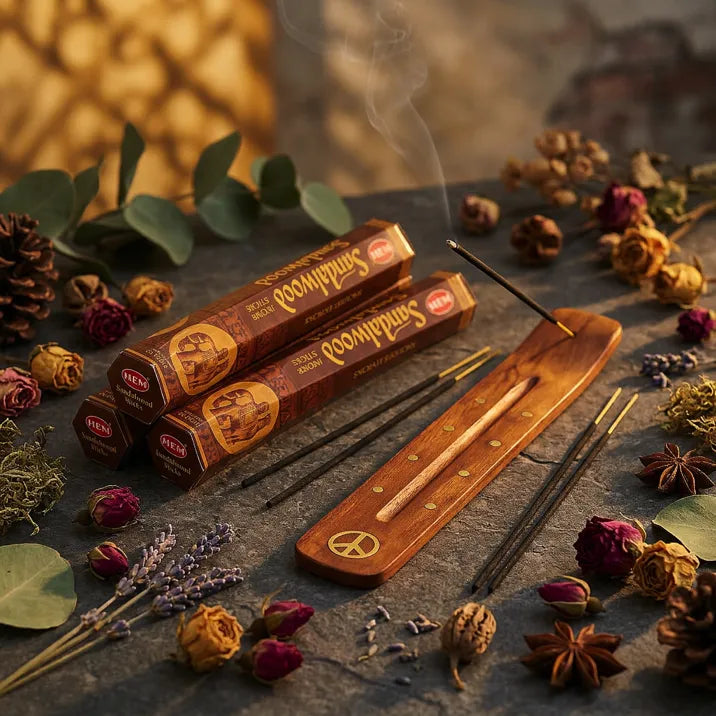 Hem Sandalwood incense boxes with smoking stick in wooden holder on dark stone with dried roses - Aroma Paradise