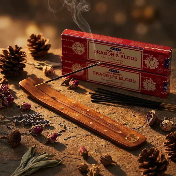 Two red Satya Dragon Blood boxes with smoking stick in wooden holder on stone with dried botanicals - Aroma Paradise