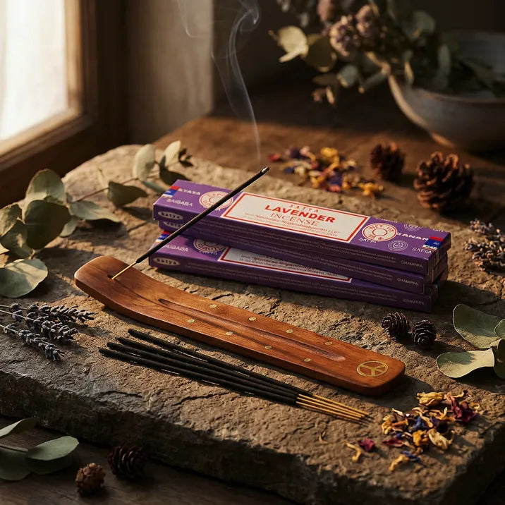 Purple Satya Lavender incense boxes with smoking stick on wooden holder on stone surface - Aroma Paradise